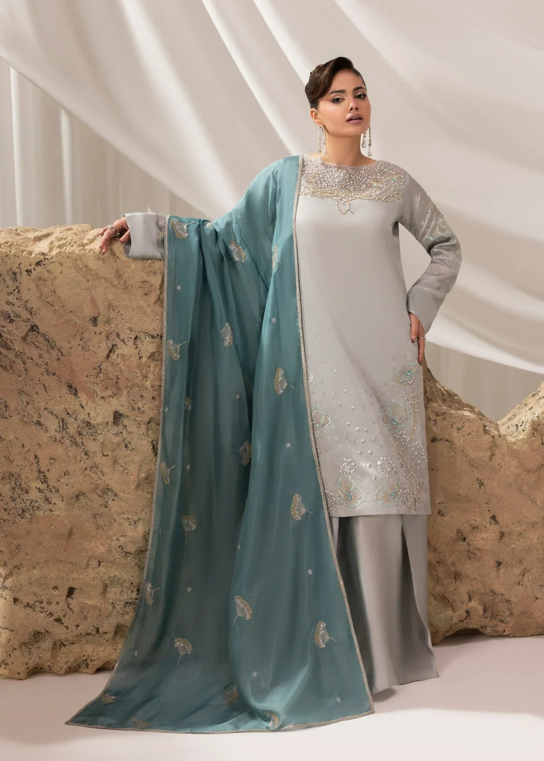 Celeste by Jamni RTW Embroidered Sheesha Silk 3 Piece Suit QUARTZ Festive Collection