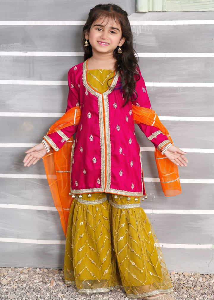 Modest Girls RTW Embroidered Silk 3 Piece Suit Rawsilk Gharara Wedding Collection