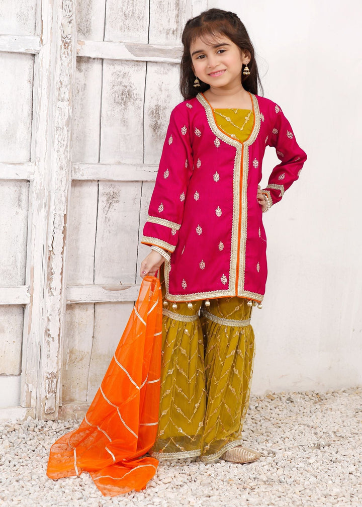 Modest Girls RTW Embroidered Silk 3 Piece Suit Rawsilk Gharara Wedding Collection