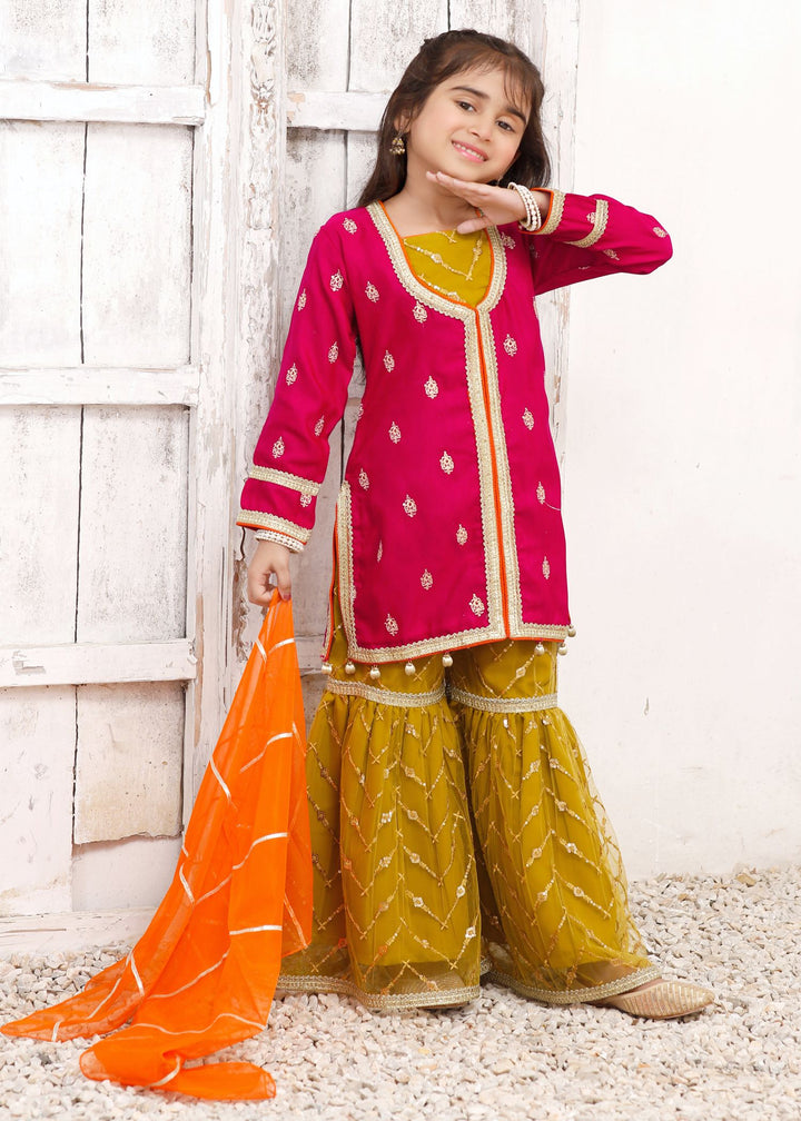 Modest Girls RTW Embroidered Silk 3 Piece Suit Rawsilk Gharara Wedding Collection