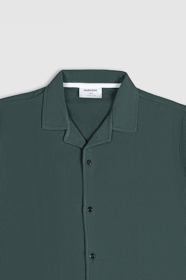 Muraqsh Ready To Wear Solids Waffle Men Dark Green Waffle Textured Revere Button Down ABD-DGWTRBD-FS - Summer Collection