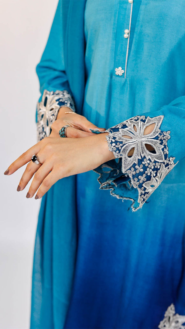 Jashn e Eid by Reezas Women Embroidered Lawn Silk 3 Piece Rang-e-baharan blue ombre - Summer Collection