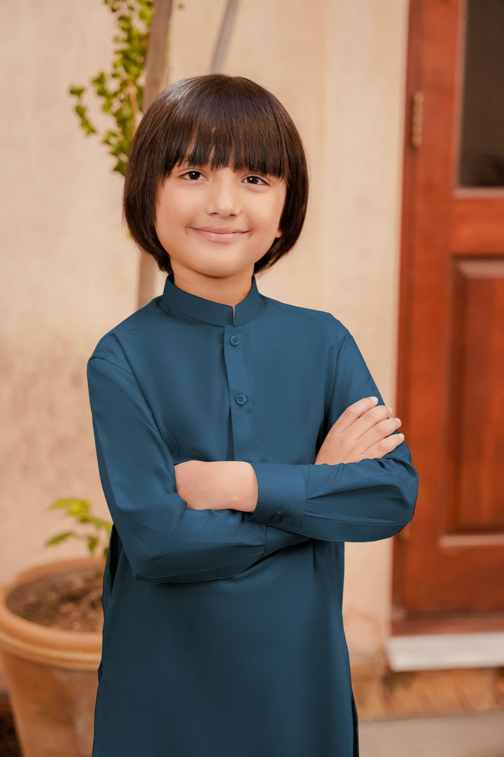 Paasban by Divinely Crafted Solids Blended 2 Piece Shalwar Kameez For Kids Fleet Blue - Summer Collection