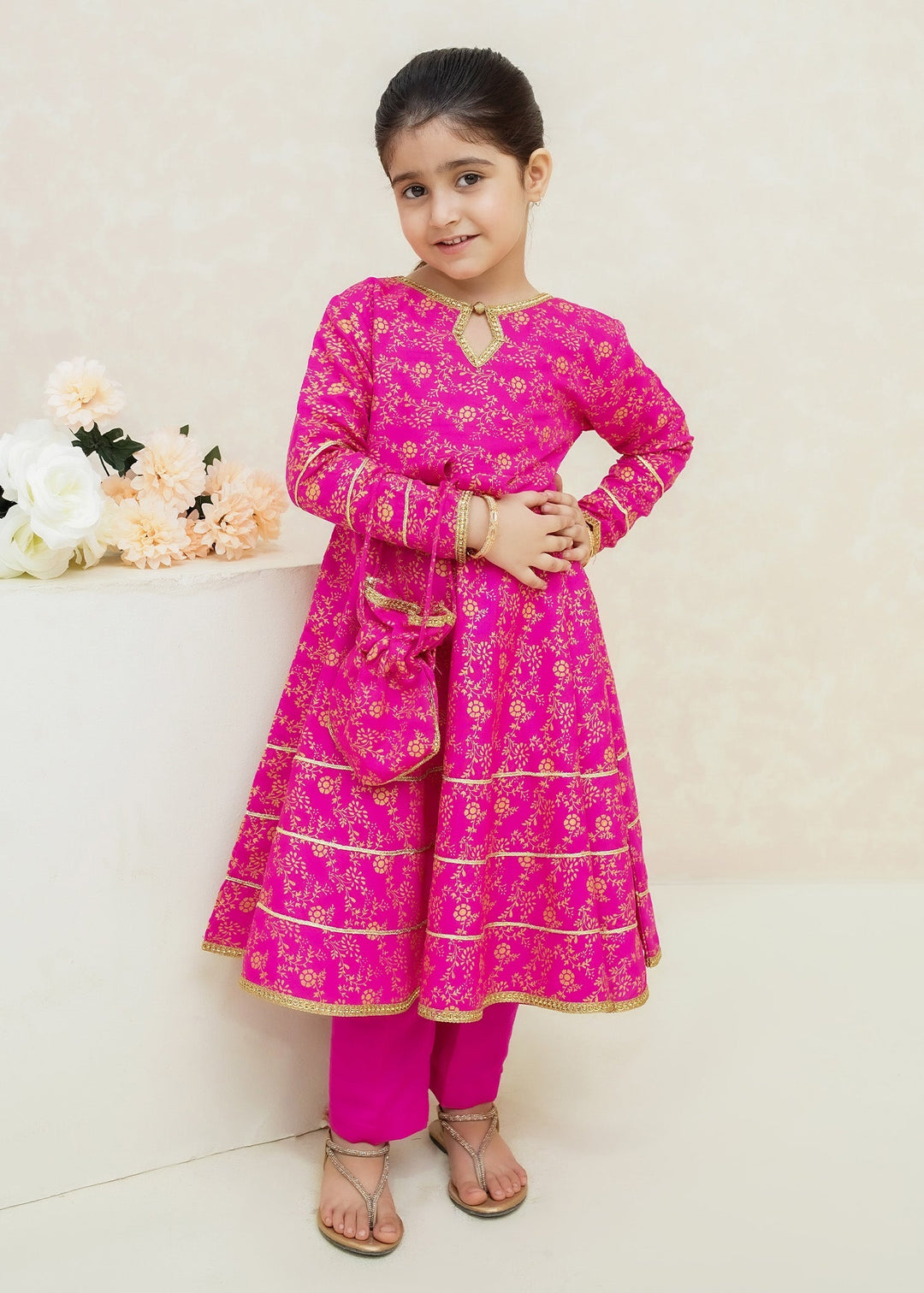 Modest Girls RTW Printed Silk 3 Piece Suit Pink Wedding Collection