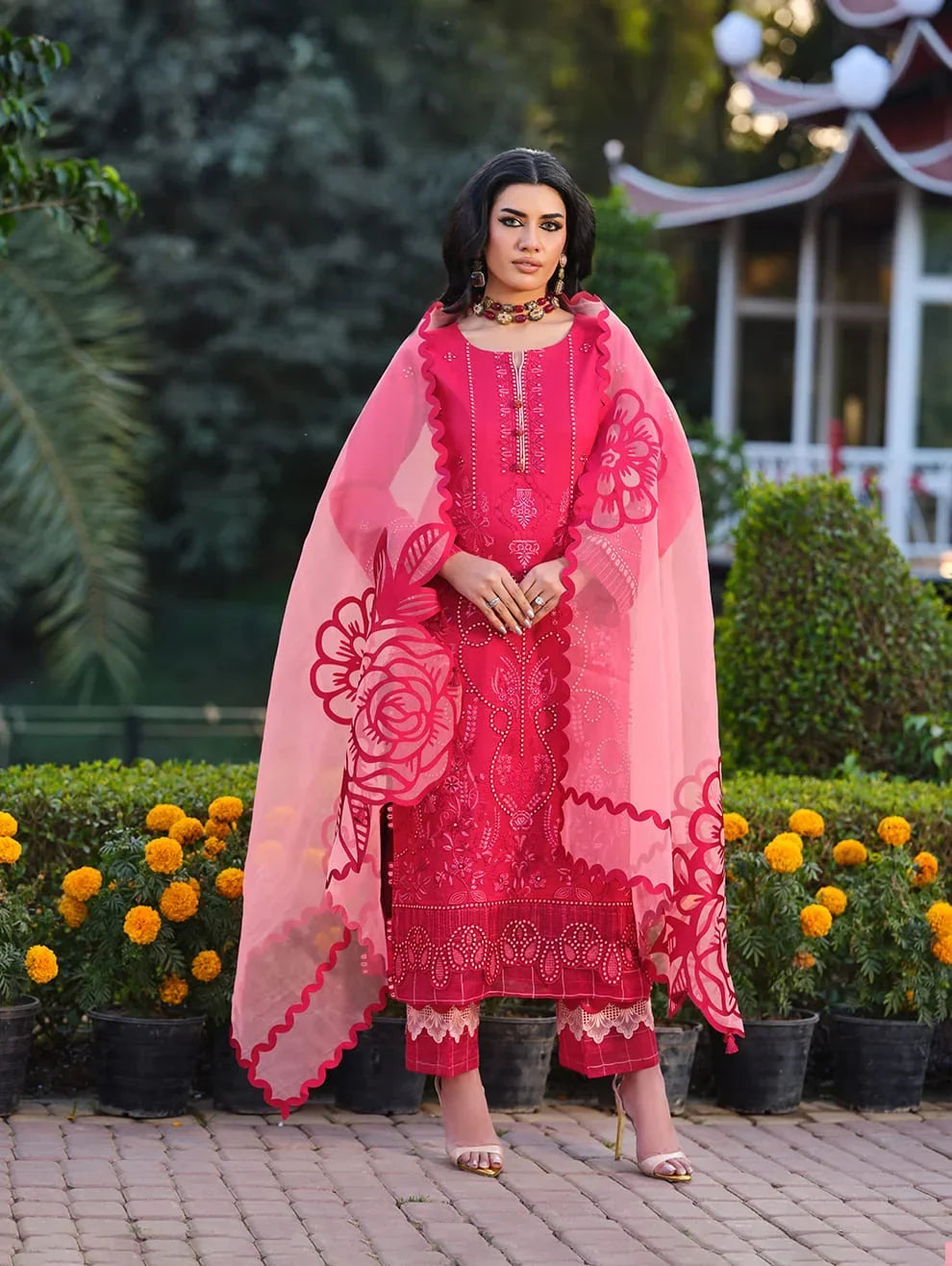Menaal Unstitched Embroidered Lawn 3 Piece Suit ML26ULS CRIMSON ROSE - Festive Collection