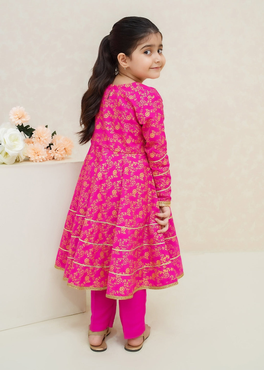 Modest Girls RTW Printed Silk 3 Piece Suit Pink Wedding Collection