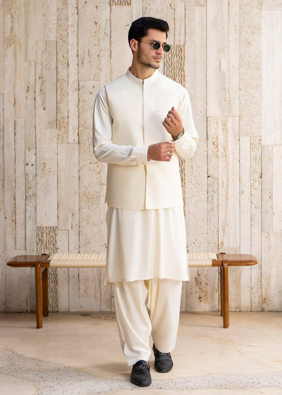 Buraq Men RTW Solids Blended 3 Piece Suit Boosky White Winter Collection