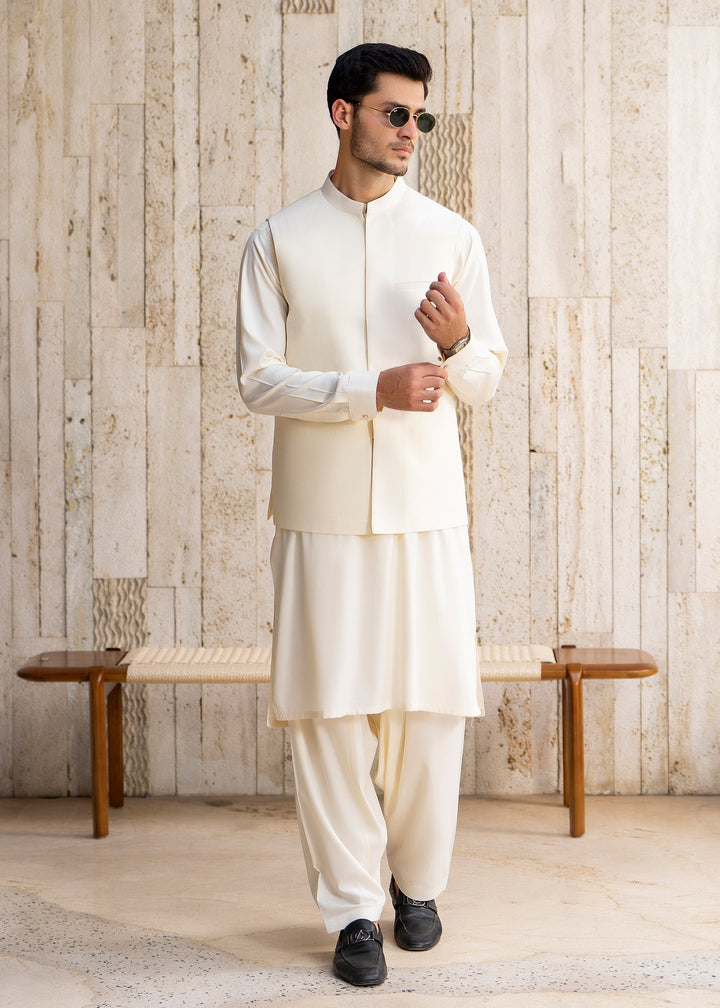 Buraq Men RTW Solids Blended 3 Piece Suit Boosky White Winter Collection