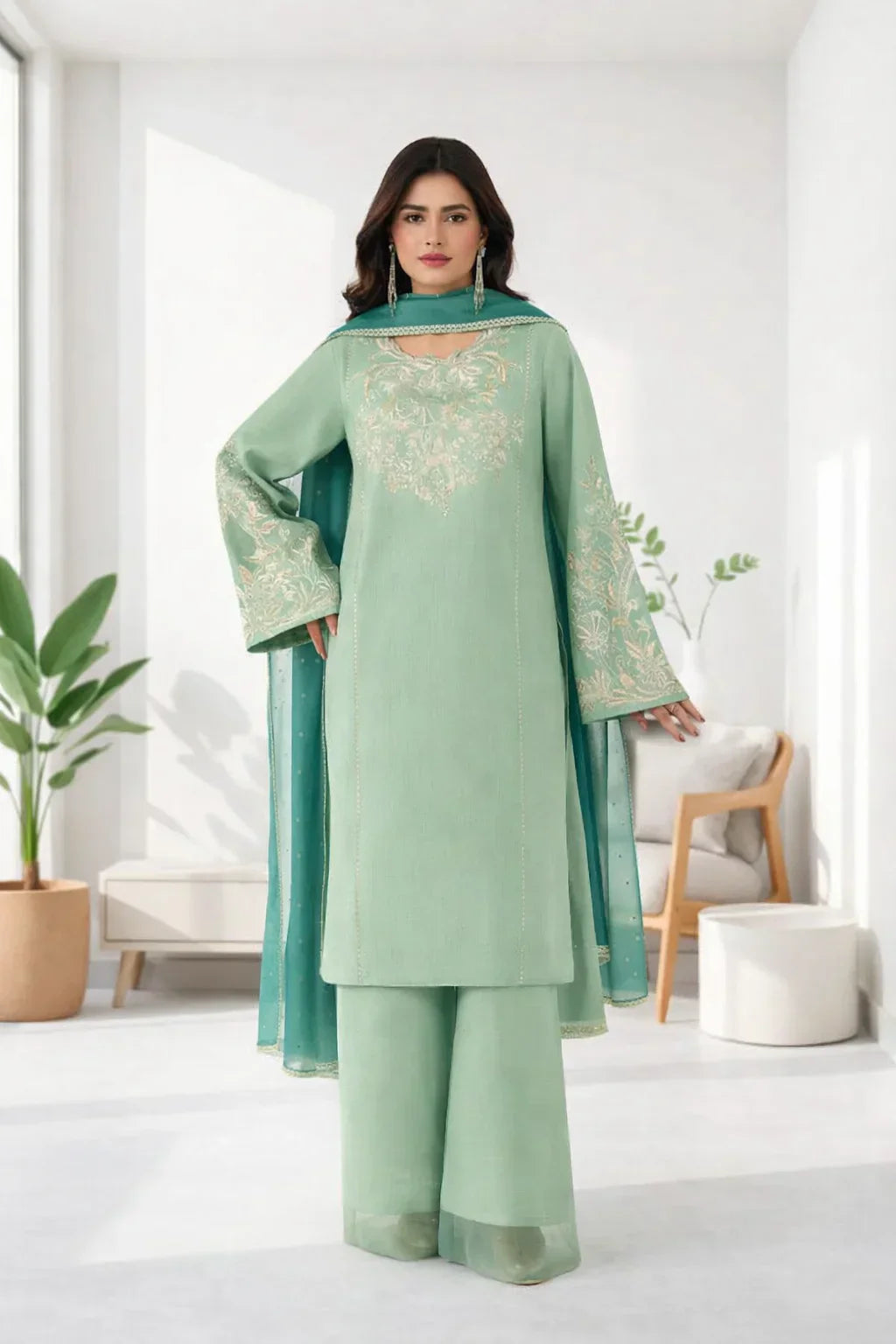 Silk Atelier by Jamni RTW Embroidered Korean Silk 3 Piece Suit SEAFORM SUGAR Festive Collection