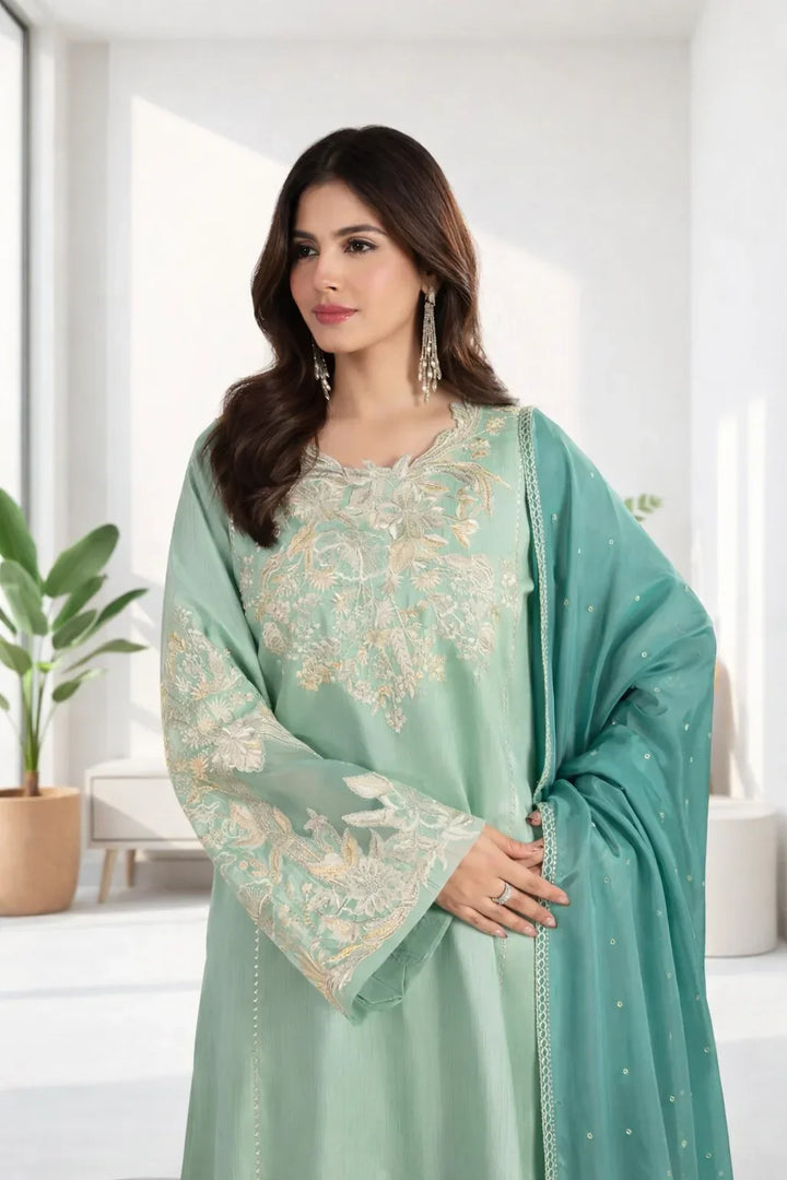 Silk Atelier by Jamni RTW Embroidered Korean Silk 3 Piece Suit SEAFORM SUGAR Festive Collection