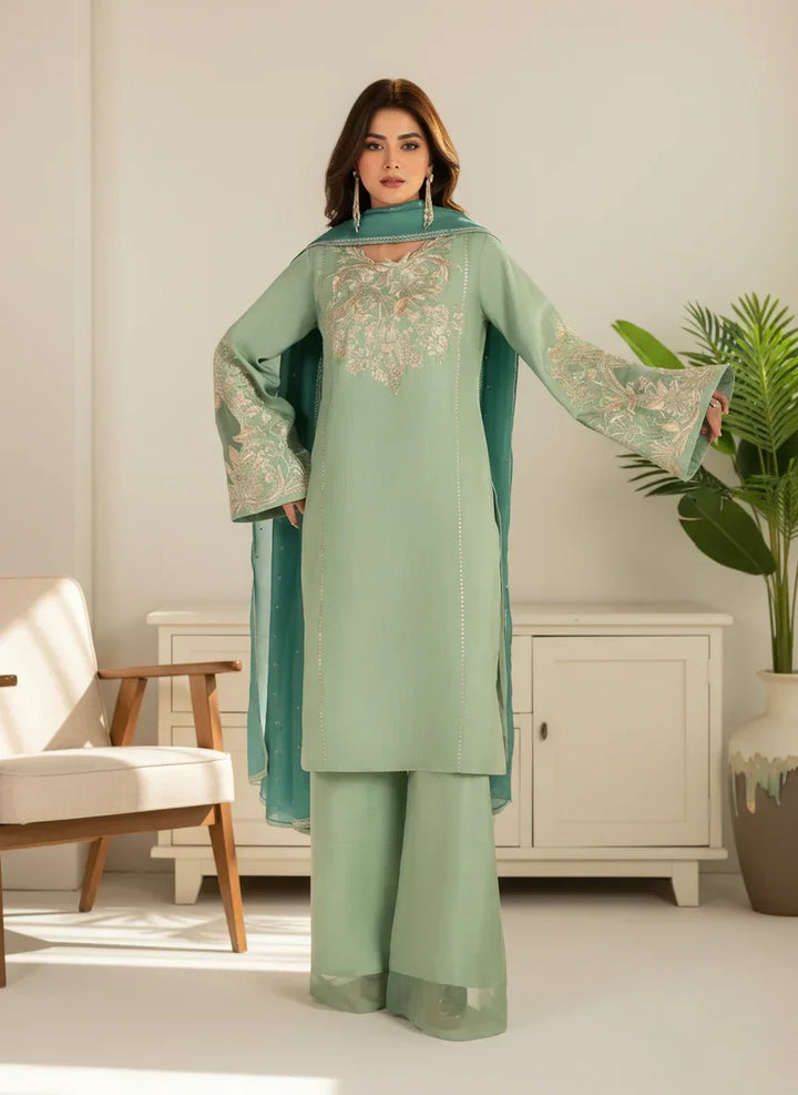 Silk Atelier by Jamni RTW Embroidered Korean Silk 3 Piece Suit SEAFORM SUGAR Festive Collection