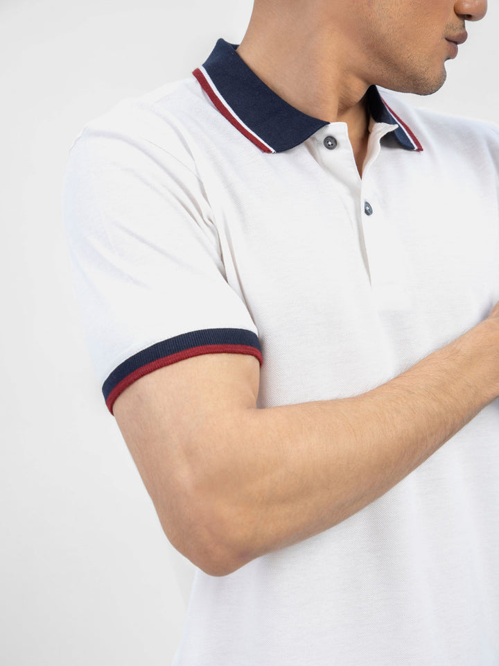Brumano  Solids Cotton Polo White Pique Polo With Contrasting Navy Collar