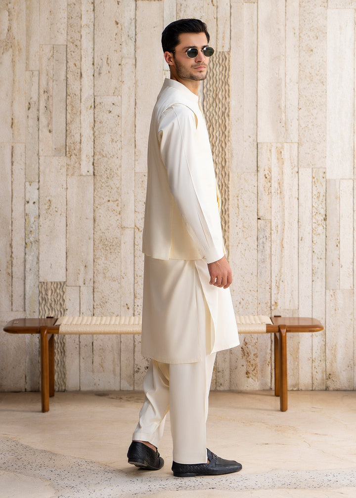 Buraq Men RTW Solids Blended 3 Piece Suit Boosky White Winter Collection