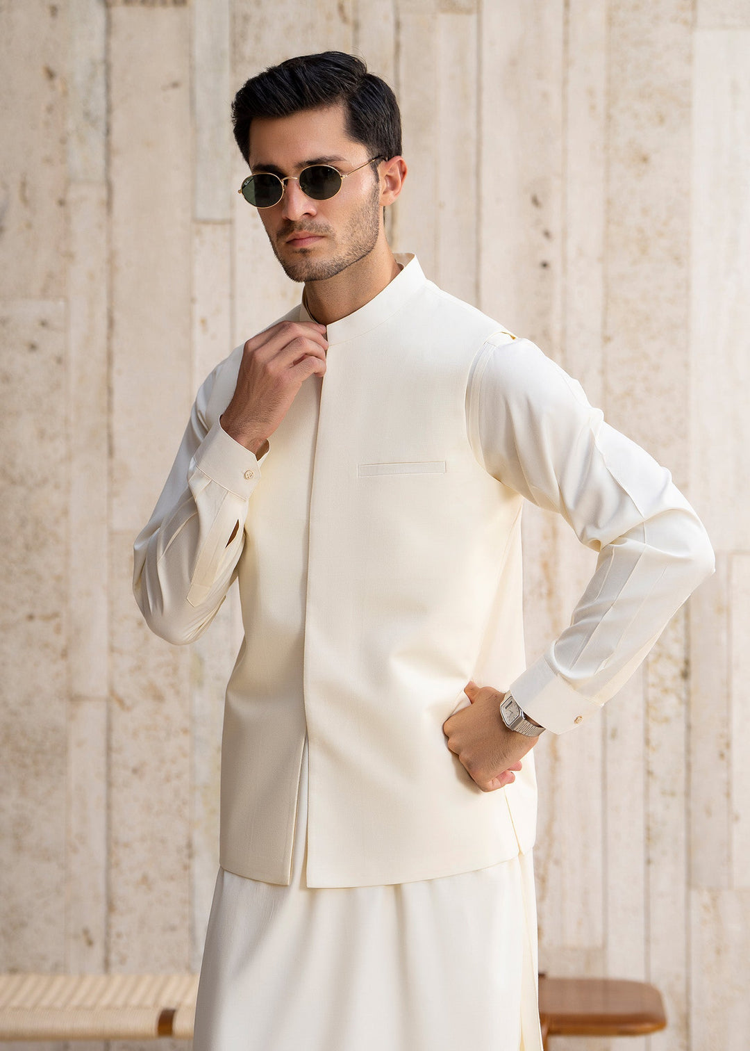 Buraq Men RTW Solids Blended 3 Piece Suit Boosky White Winter Collection