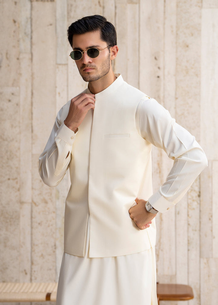 Buraq Men RTW Solids Blended 3 Piece Suit Boosky White Winter Collection