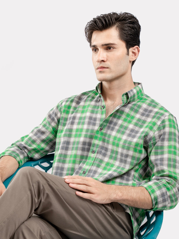 Green & Grey Linen Checkered Button Down Shirt