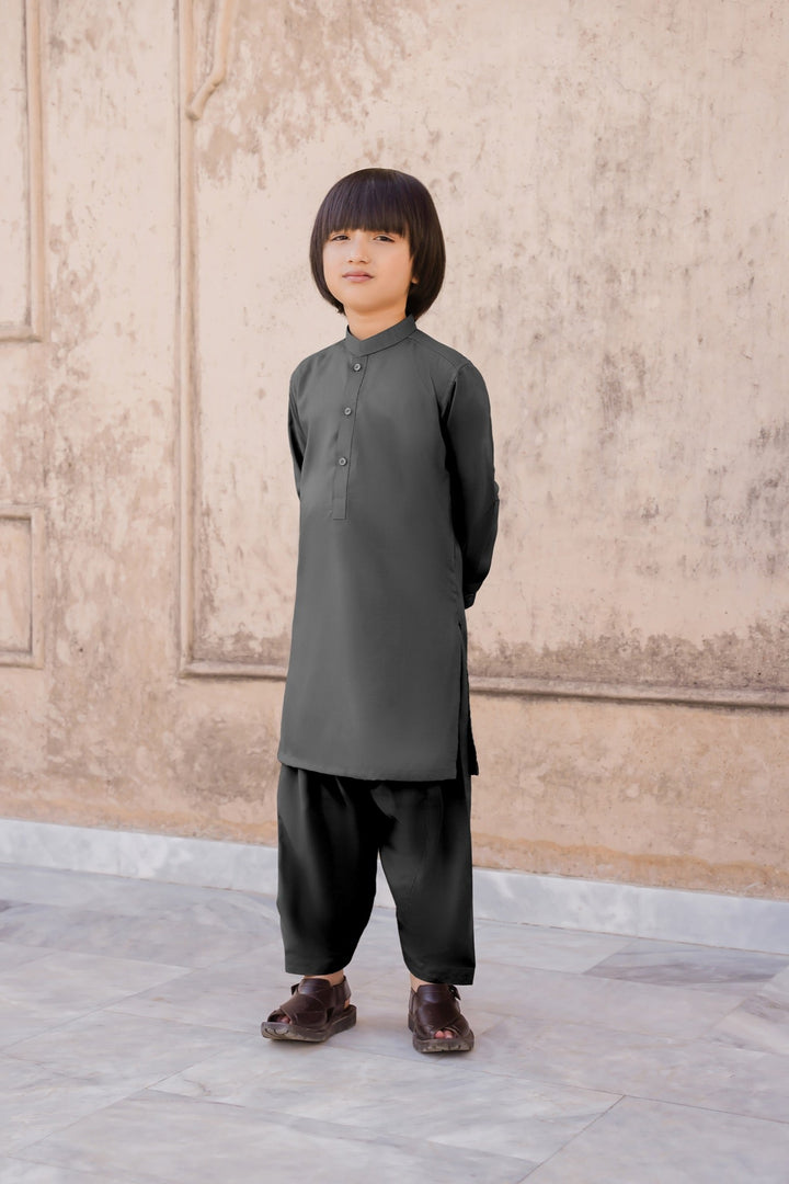 Paasban by Divinely Crafted Solids Blended 2 Piece Shalwar Kameez For Kids Jet Black - Summer Collection