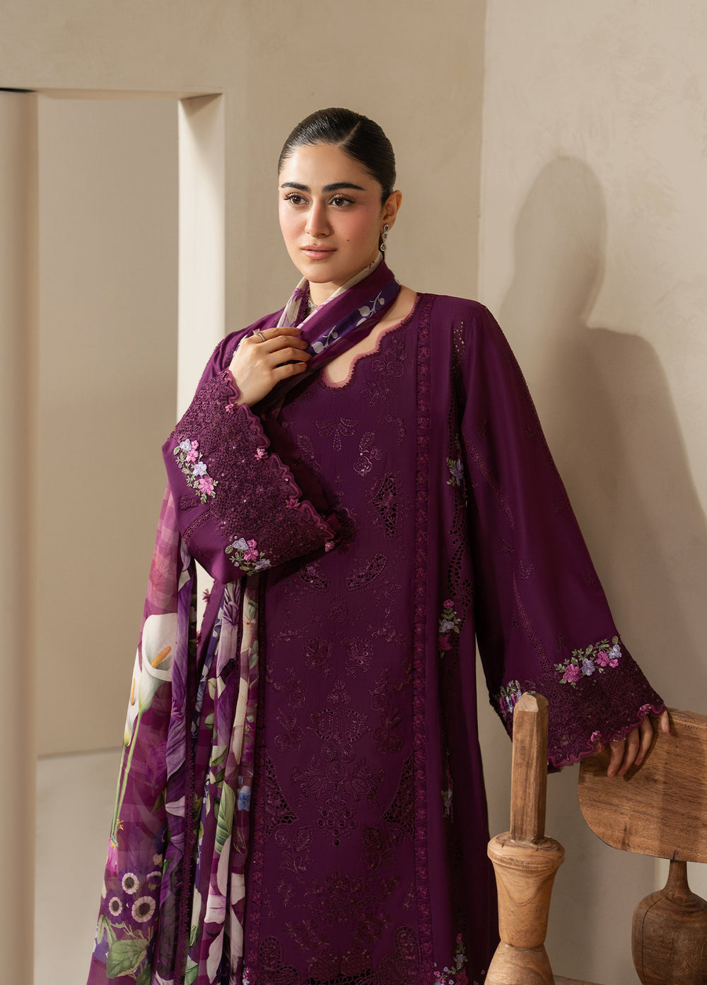 E-Craft by Elaf Unstitched Embroidered Lawn 3 Piece Suit EHC-2B Cassis - Casual Collection