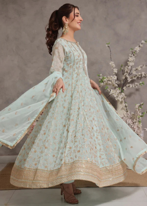 Unss Apparel Women Pret Embroidered Chiffon 3 Piece Suit Haani Mint Green - Festive Collection