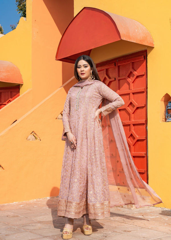 Unss Apparel Women Pret Embroidered Chiffon 3 Piece Suit Haani Tea Pink - Festive Collection