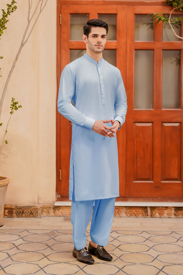 Misaal by Divinely Crafted Solids Shalwar Kameez For Men Sky Blue Blended SK400-0725-SB - Summer Collection