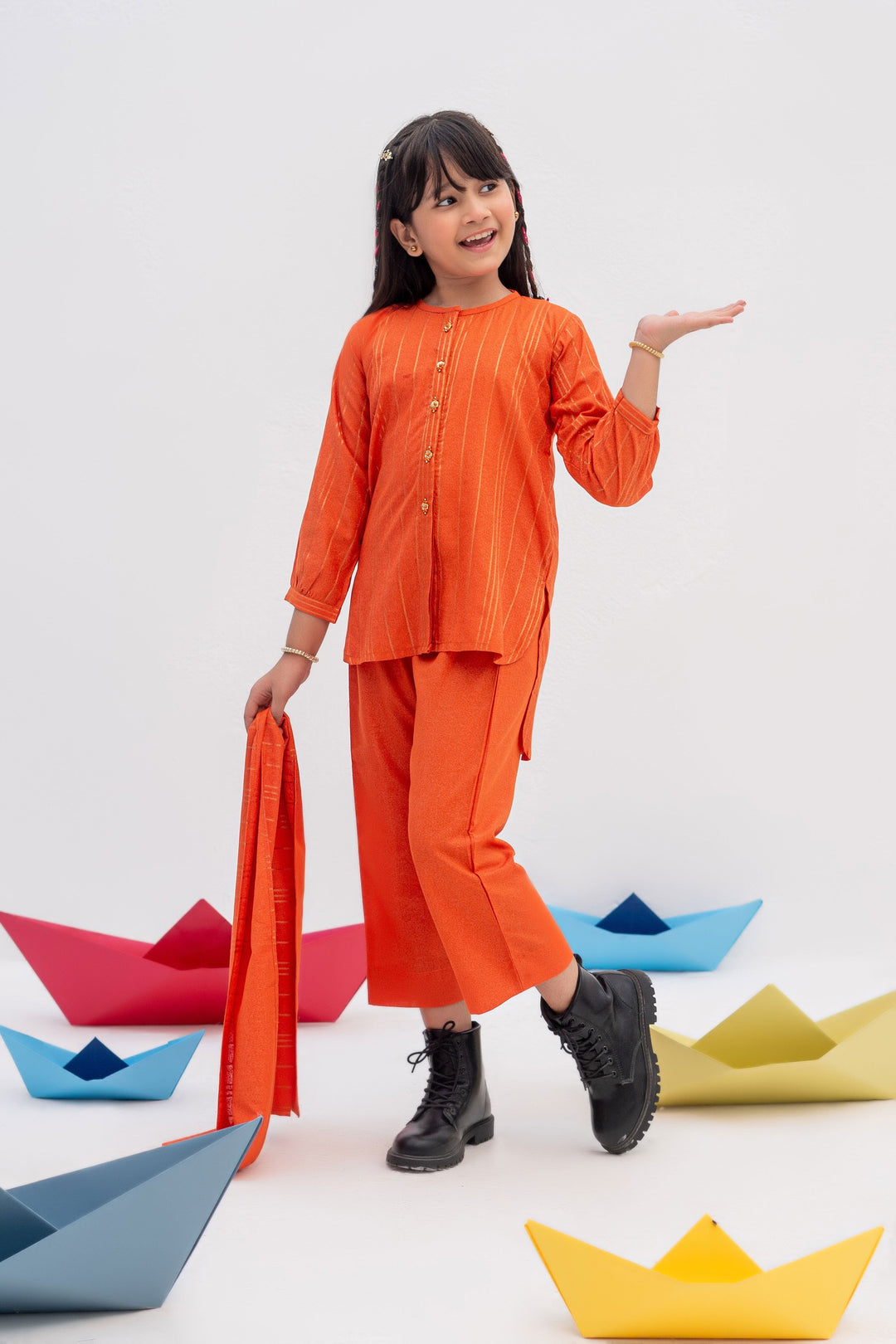 Senorita Kids RTW Orange and Gold Casual 3 Piece Suit Karandi  KAD-02437 - WInter Collection