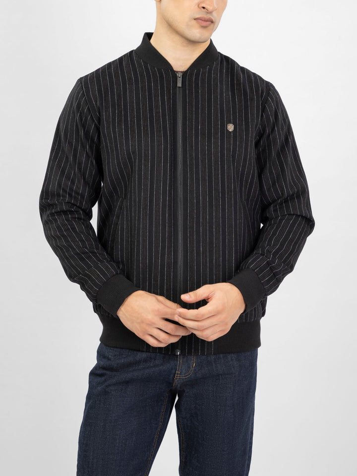 Brumano Pret Solids Polyester 1 Piece Black Striped Wool Bomber Jacket