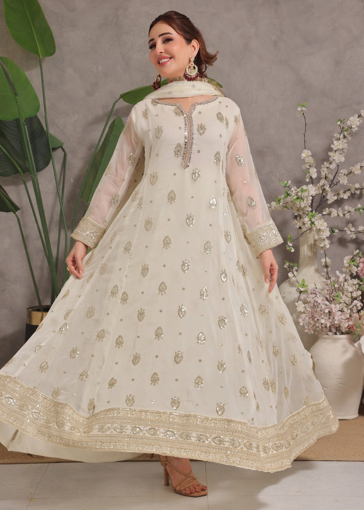 Mommy and Me by Abaan Zohan RTW Embroidered Chiffon 3 Piece Suit Raunak Off White - Festive Collection