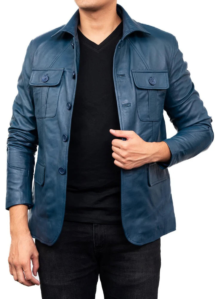 Jild Leathers 5-Button Men Lambskin Leather Blazer-Blue - Blazers And Coats Collection