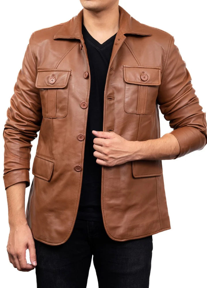 Jild Leathers 5-Button Men Lambskin Leather Blazer-Cognac - Blazers And Coats Collection