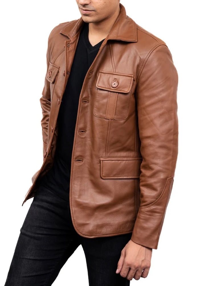 Jild Leathers 5-Button Men Lambskin Leather Blazer-Cognac - Blazers And Coats Collection