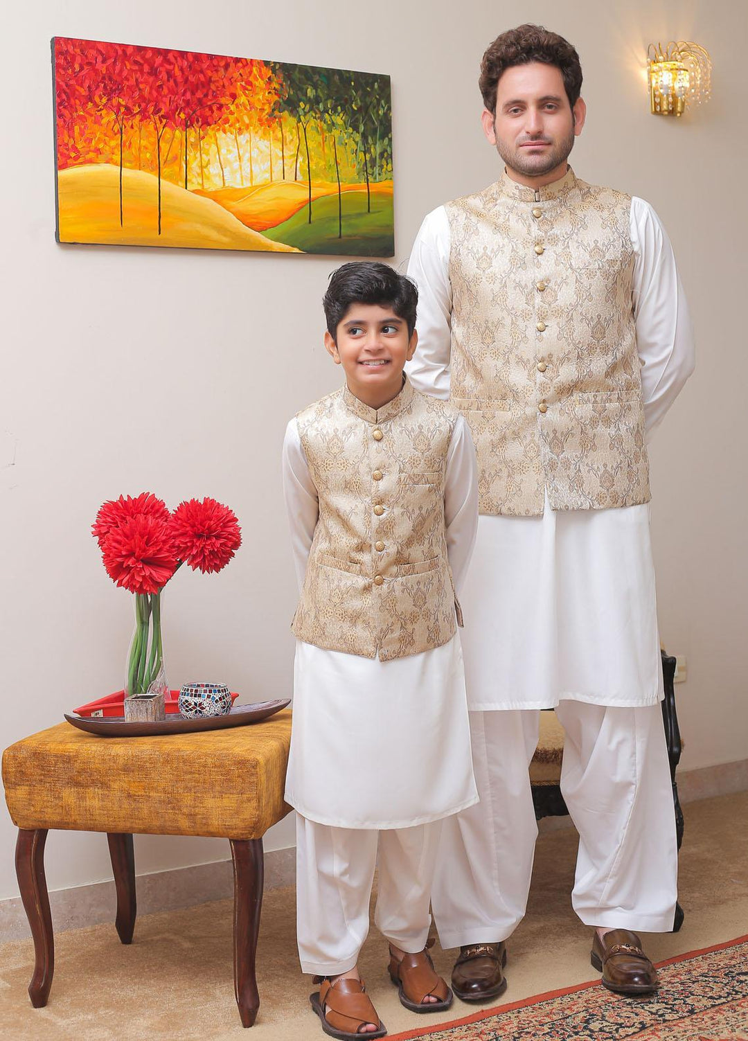 Real Image Jamawar Smart Fit Waistcoat for Kids -  OKW-005 Gold Brown