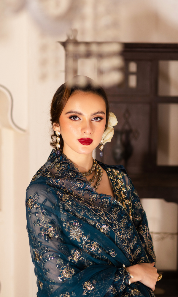 Waresha Women RTW Embroidered Net 3 Piece Suit Ocean Mirage Teal Blue - Festive Collection