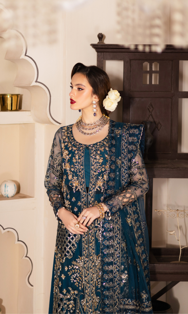 Waresha Women RTW Embroidered Net 3 Piece Suit Ocean Mirage Teal Blue - Festive Collection