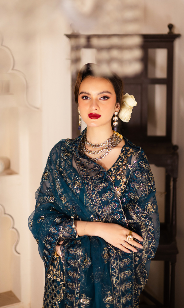 Waresha Women RTW Embroidered Net 3 Piece Suit Ocean Mirage Teal Blue - Festive Collection