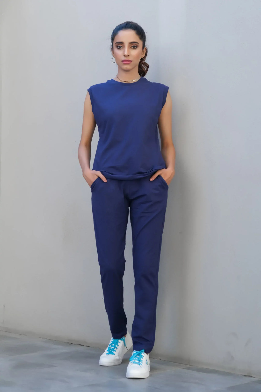 Dhaga Women Western Solids 2 Piece jersy Royal Blue Co Ords Sleeveless DHSSSCO6 - Summer Collection