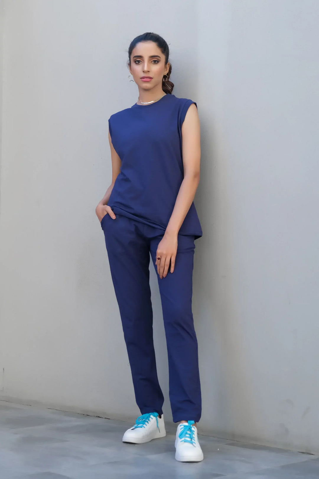 Dhaga Women Western Solids 2 Piece jersy Royal Blue Co Ords Sleeveless DHSSSCO6 - Summer Collection