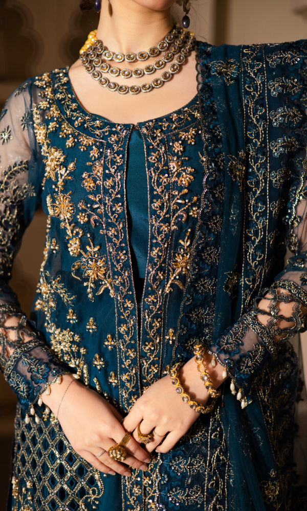 Waresha Women RTW Embroidered Net 3 Piece Suit Ocean Mirage Teal Blue - Festive Collection