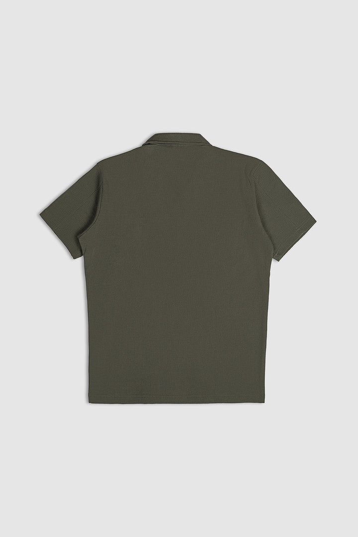 Muraqsh Ready To Wear Solids Waffle Men Olive Waffle Textured Revere Button Down ABD-OWTRBD-FS - Summer Collection