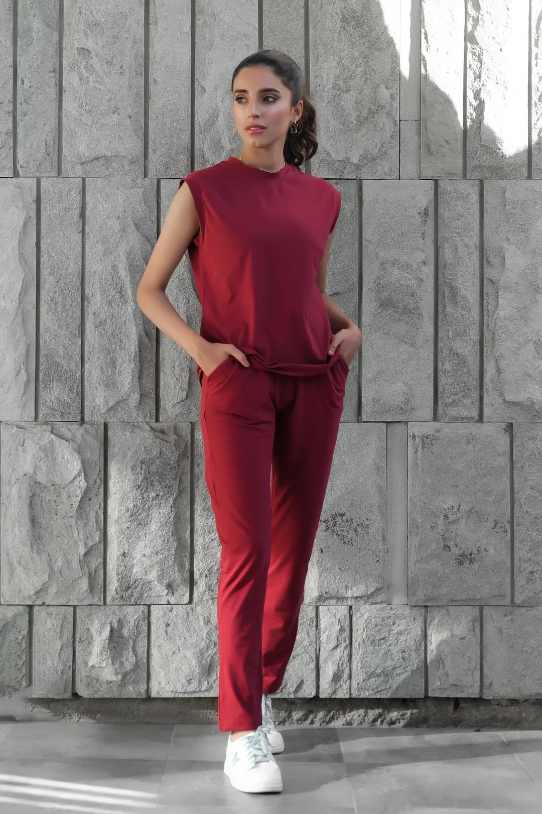 Dhaga Women Western Solids 2 Piece jersy Red Pear Co Ords Sleevesless DHSSSCO5 - Summer Collection