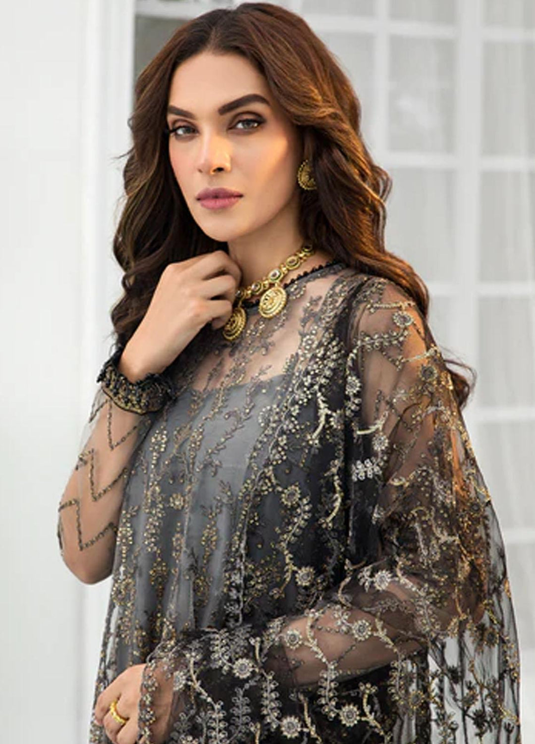 Zarif Embroidered Net Suits Unstitched 3 Piece ZR25UF ZDL-03 Graphite - Luxury Collection