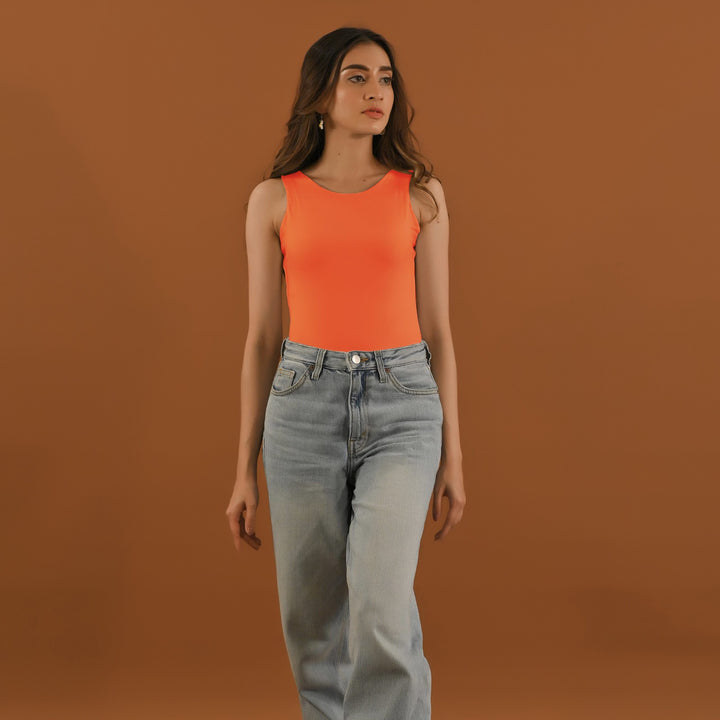 Dhaga Women Western Solids T- Shirt jersy Orange Sleeveless DT10002 - Summer Collection