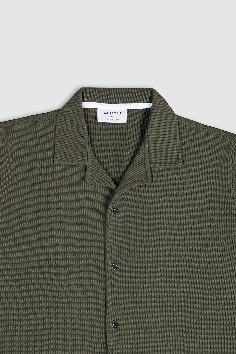 Muraqsh Ready To Wear Solids Waffle Men Olive Waffle Textured Revere Button Down ABD-OWTRBD-FS - Summer Collection