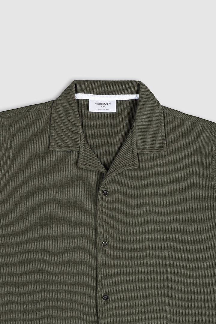 Muraqsh Ready To Wear Solids Waffle Men Olive Waffle Textured Revere Button Down ABD-OWTRBD-FS - Summer Collection