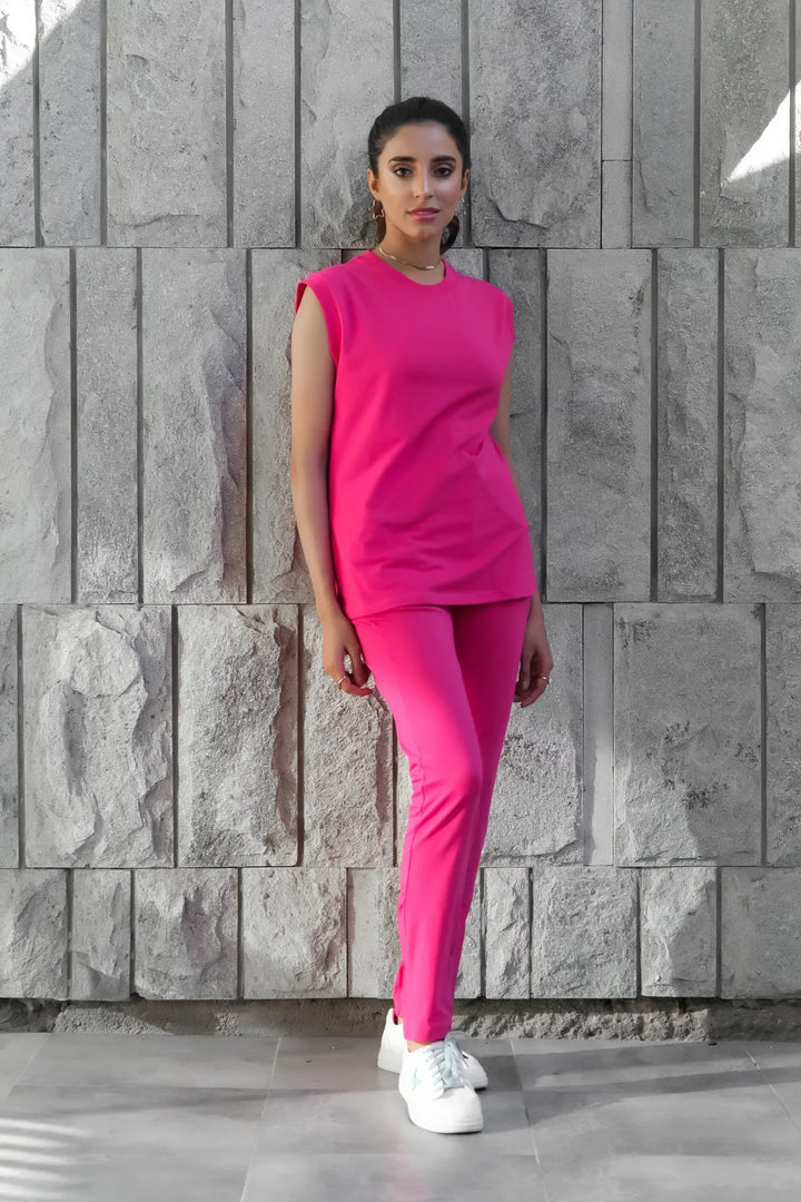 Dhaga Women Western Solids 2 Piece jersy Fushia Co Ords Sleevesles DHSSSCO1 - Summer Collection