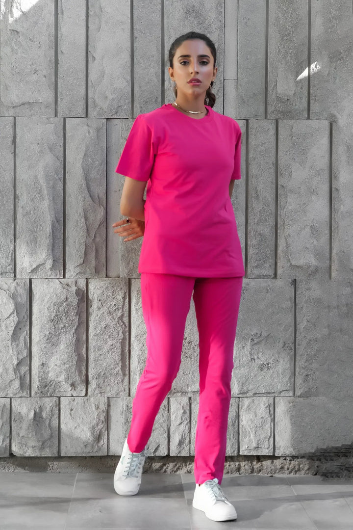 Dhaga Women Western Solids 2 Piece jersy Fushia Co Ords Half Sleeves DHSSSCO1 - Summer Collection