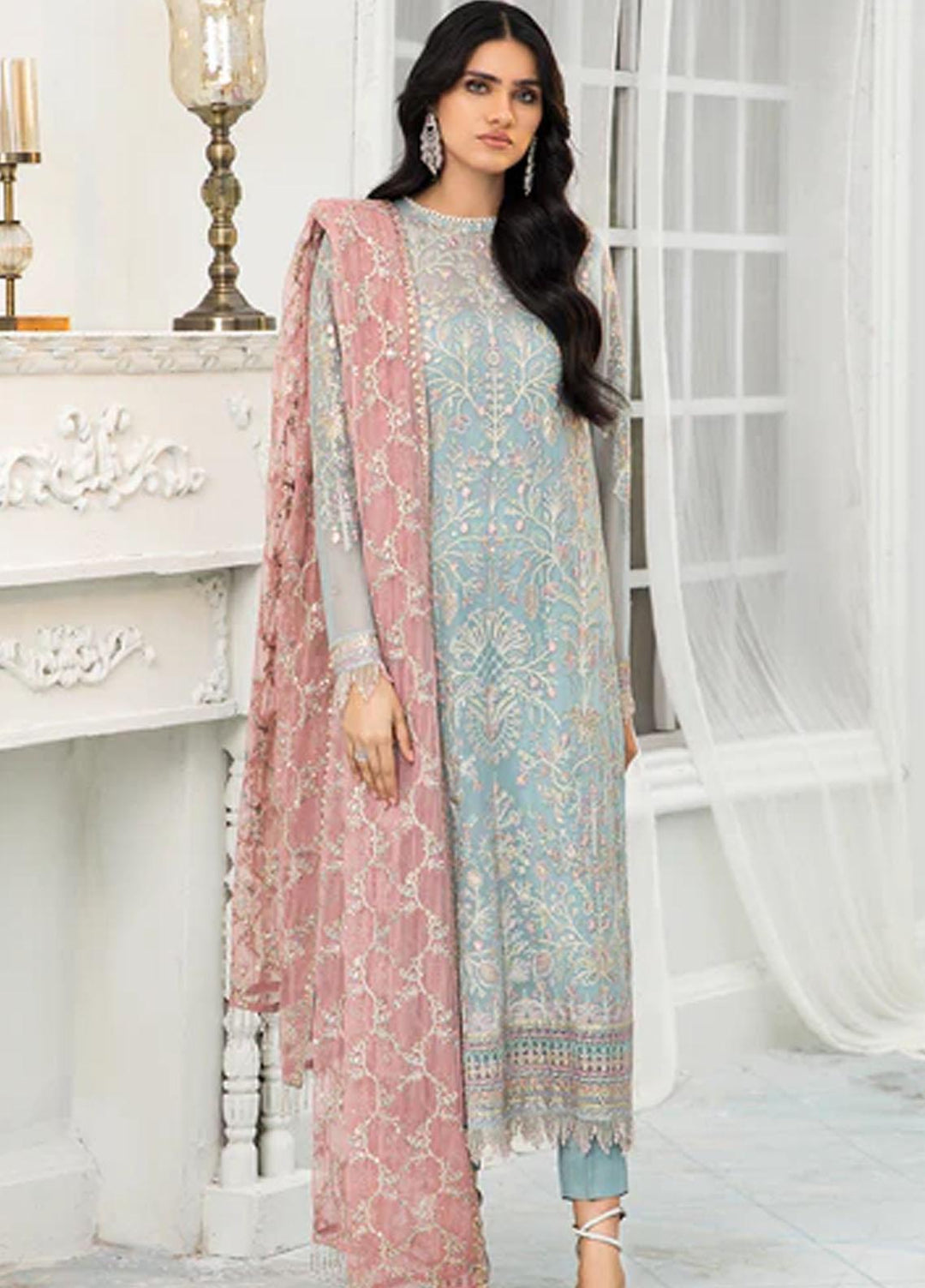 Zarif Embroidered Chiffon Suits Unstitched 3 Piece ZR25UF ZDL-04 Blue Mist - Luxury Collection
