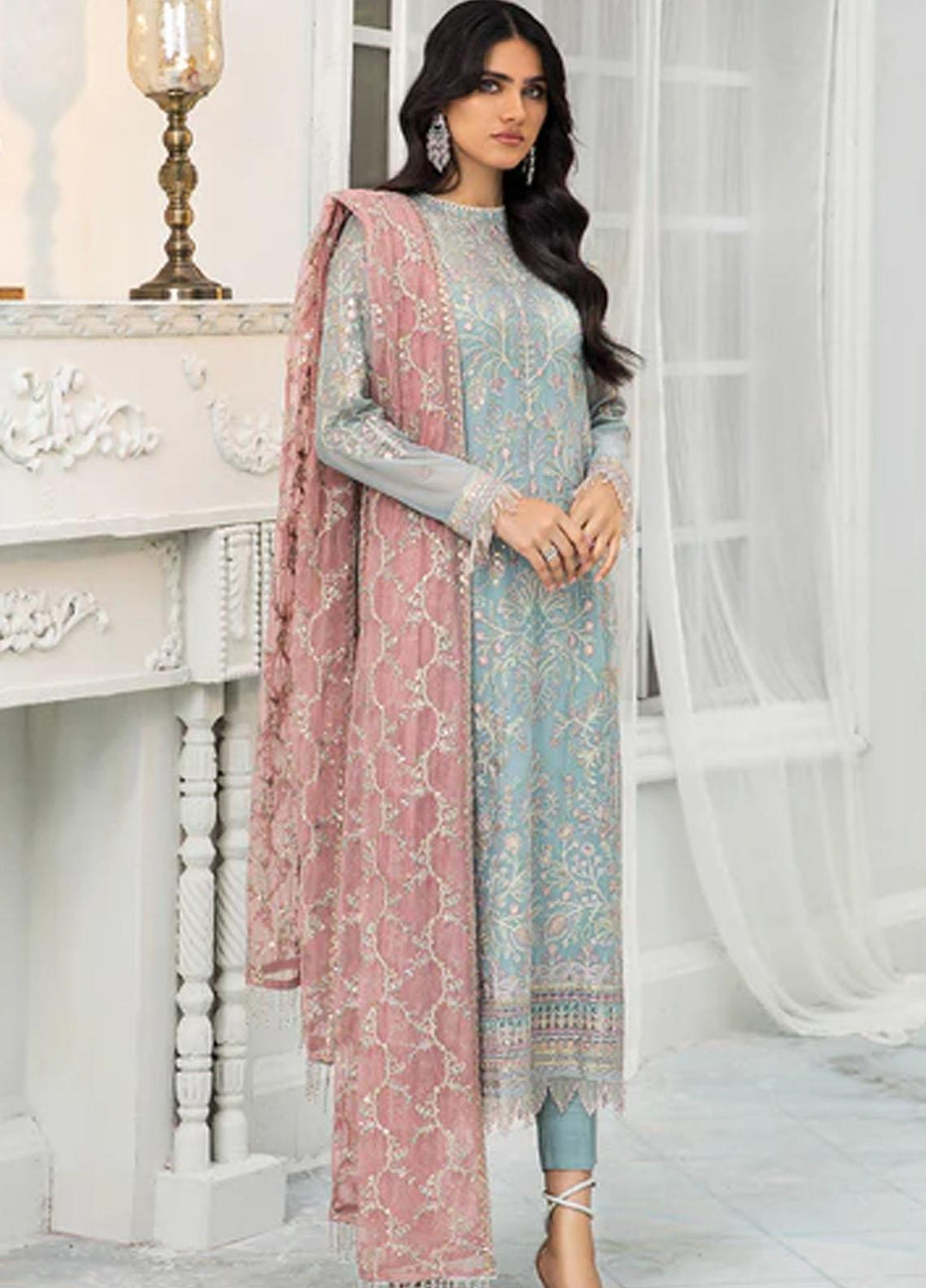 Zarif Embroidered Chiffon Suits Unstitched 3 Piece ZR25UF ZDL-04 Blue Mist - Luxury Collection