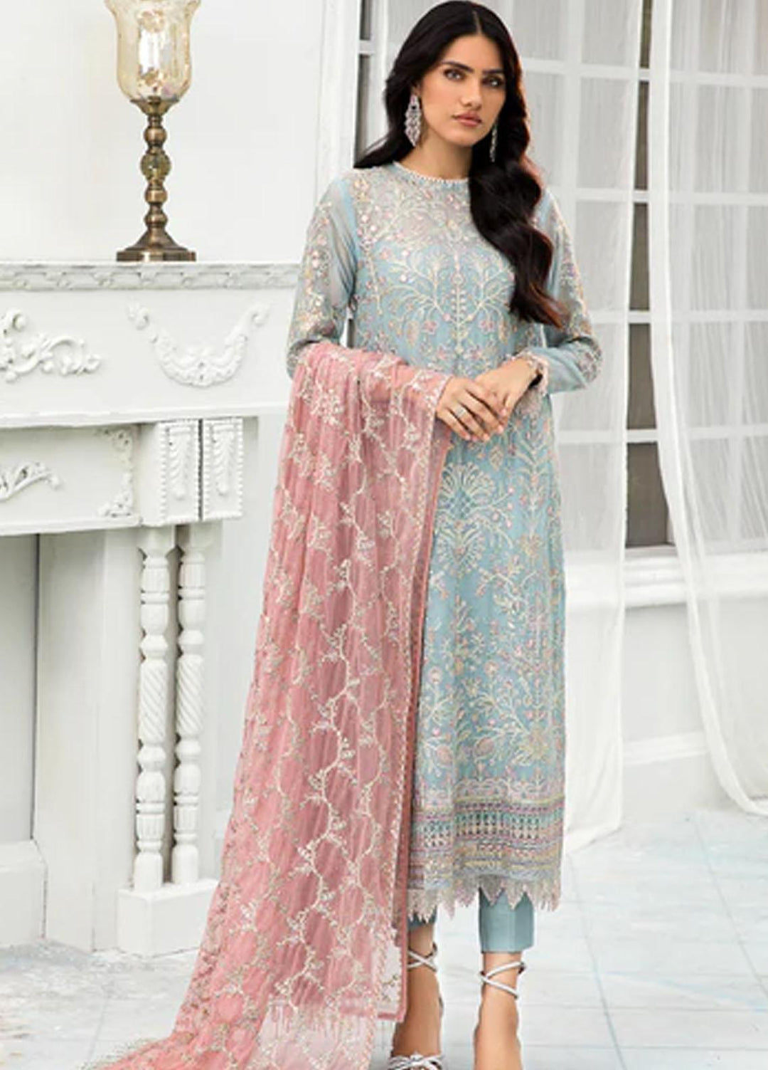 Zarif Embroidered Chiffon Suits Unstitched 3 Piece ZR25UF ZDL-04 Blue Mist - Luxury Collection