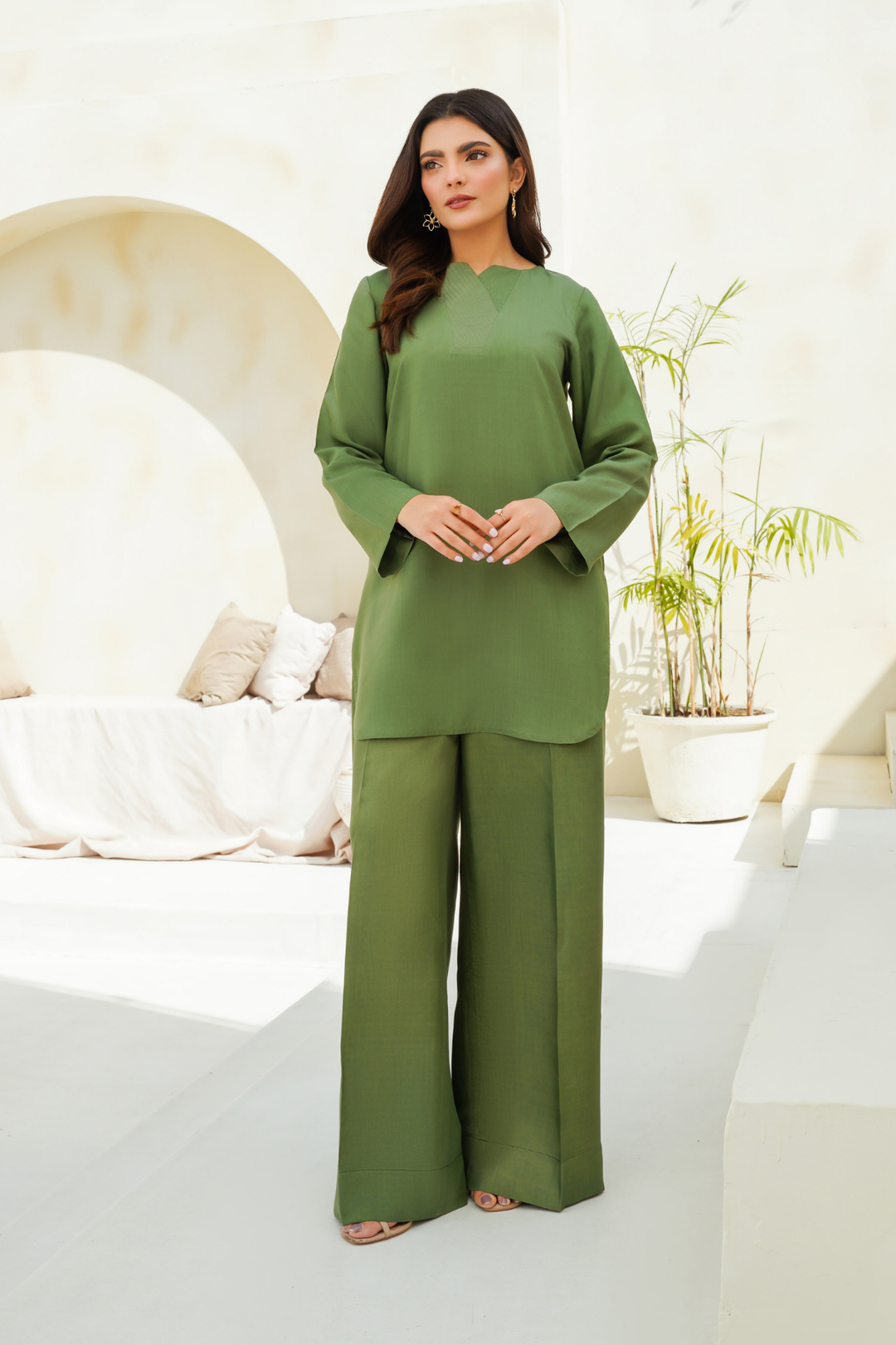 Divinely Crafted Pret Solids Cotton Silk 2 Piece Mossy Olive
